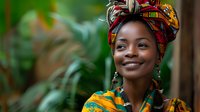 African woman wearing colorful traditional headwrap and matching attire smiles warmly against blurred green natural background.