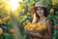 Young woman in straw hat holding basket of fresh oranges in sunny citrus grove, warm golden light filtering through trees creates magical agricultural atmosphere.