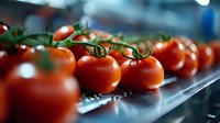 Fresh ripe cherry tomatoes on vine arranged in row with selective focus, water drops and green stems against dark background for food photography.