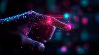 Glowing digital hand silhouette with sparkling particles in pink and blue neon colors against dark background, representing artificial intelligence and future technology.