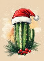 Festive green saguaro cactus wearing red Santa hat with white fur trim, decorated with pine branches and red berries against beige background with snow effect.