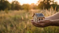 Hands holding miniature wooden house with solar panel and wind turbine in golden sunset field representing sustainable energy and eco-friendly living concepts.