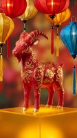 Red goat figurine with golden ornaments surrounded by colorful lanterns for lunar new year celebration and festival decorations.