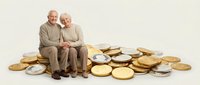 Happy senior Caucasian couple sitting together surrounded by golden coins representing retirement savings and financial security for elderly planning.