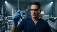 Male scientist or laboratory technician in blue protective gloves and safety glasses holding test tube in modern research facility with equipment and lighting.