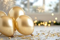 Golden Christmas baubles with sparkles and bokeh lights in background, festive holiday decorations on white surface with scattered metallic confetti.