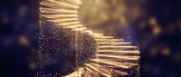 Glowing golden particles form an abstract spiral staircase ascending upward against a dark blue background, symbolizing growth, success, and progress for business and motivational concepts.