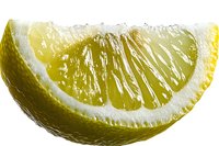 Fresh juicy lemon wedge slice with visible pulp segments and textured peel on white isolated background, ready for design use in food and beverage projects.