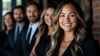 Diverse business team with confident female leader in front, showing professional corporate culture. Group of young executives in formal attire smiling at camera.