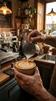 Skilled barista hands creating latte art in cozy coffee shop with steamed milk and espresso machine in warm atmospheric lighting for cafe business.