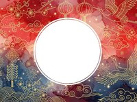 Chinese New Year festive frame with golden decorations, lanterns, crane birds and plum blossoms on red watercolor background for greeting cards and designs.
