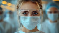 Young female medical professional wearing protective face mask and safety glasses in hospital setting with blurred medical team in background. Blue toned atmosphere.