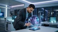 Male professional in dark business suit and glasses interacting with holographic security interface displaying digital lock symbols on tablet in modern office environment for cybersecurity concepts.