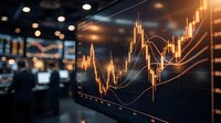 Financial trading chart with golden candlestick patterns and technical analysis indicators displayed on modern office screen for investment decisions.