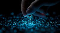 Glowing digital key held by human finger on circuit pattern background with blue technology elements, representing cybersecurity and data access concept.
