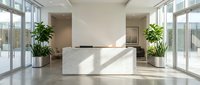 Modern office reception area with white marble desk and large windows creating bright professional workspace for corporate business interior design.