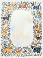 Watercolor dog breeds border frame with floral elements, paw prints, and hearts, surrounding a blank oval center for custom text or design.