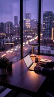 Modern workspace with laptop at twilight overlooking illuminated city skyline through floor-to-ceiling windows for remote work and business concepts.