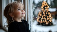 Young girl in black sweater gazing up dreamily at window with magical Christmas tree bokeh lights reflection, winter holiday atmosphere creates wonder and anticipation.