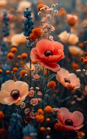 Coral poppies and delicate wildflowers bloom against moody blue-tinted background, creating dramatic contrast in garden setting. Natural floral composition for wall art.