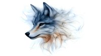 Artistic wolf head portrait with flowing ethereal smoke effect in blue and orange tones on white background, isolated design element for creative projects.