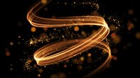 Golden light trails spiral through dark space with glowing particles and bokeh effects creating dynamic energy flow for modern digital designs.