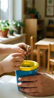 Hands planting small green seedling in colorful pot at sunny home interior with houseplants creating cozy gardening atmosphere for indoor cultivation.