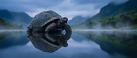 Elderly tortoise swimming in calm mountain lake with misty peaks reflected in still water at dawn, wildlife nature scene.