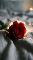 Single red rose on gray bedding with warm bokeh lights creating romantic bedroom atmosphere for Valentine's Day and anniversary celebrations.