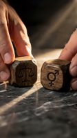 Hands holding wooden dice with justice scales and female gender symbols representing legal equality and women's rights in dramatic lighting.