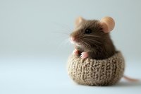 Adorable brown mouse sitting in cozy knitted beige pouch against light background, showcasing cute whiskers and ears in soft natural lighting for pet and lifestyle content.