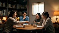 Four diverse young adults studying together at wooden table in cozy library with warm lighting, books and notebooks spread out for collaborative learning session.