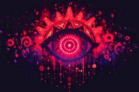 Mystical glowing red eye with ornate geometric patterns and dripping elements against dark background, surrounded by magical symbols and ethereal light effects.
