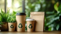 Eco-friendly kraft paper coffee cups with recycling symbol and paper bag on wooden table with green plant, sustainable packaging concept for cafes.