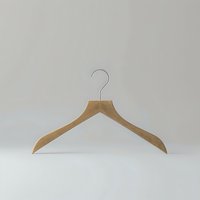 Wooden clothes hanger with metal hook on minimalist white background, perfect for fashion retail and closet organization.
