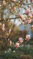 Delicate pink magnolia blossoms and unopened buds on branches during spring bloom, with soft bokeh background ideal for seasonal and nature designs.