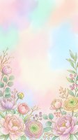 Soft watercolor floral border with pastel peonies, ranunculus, and berries on a dreamy rainbow background, for cards and invitations.