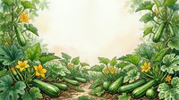 Vegetable garden with fresh green cucumbers, zucchini and yellow flowers on soil, isolated on white background for design and culinary projects.
