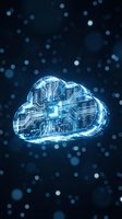 Digital cloud computing infrastructure with glowing circuit board patterns and neon blue light effects on dark background. Use for technology, data storage, networking.
