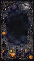 Spooky night frame with golden foliage, crescent moon, stars, jack-o-lanterns, black cats, haunted house, bats, and spider on dark background. Isolated design element ready for Halloween invitations, greeting cards, posters, and seasonal marketing materials.