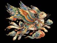 Ornate winged rabbit in flight with colorful floral patterns and clouds, isolated on transparent background, for stickers, t-shirts, and print on demand.