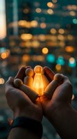 Hands holding glowing light bulb against blurred city lights at night, symbolizing innovation, ideas, and creative solutions for business and technology concepts.
