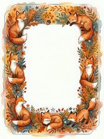 Autumn fox border frame with orange foliage, acorns and berries on white background. Decorative woodland animal design for seasonal greeting cards and invitations.