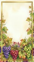 Grapevine border frame with purple, red, and green grapes, autumn leaves, and ornate gold trim on cream background. Isolated design element suitable for invitations, wine labels, menus, and harvest-themed projects.