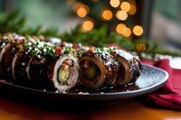 Festive pork tenderloin roulade stuffed with vegetables, garnished with herbs and powdered sugar, served on dark plate against holiday bokeh lights.