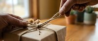 Hands tying natural twine around kraft paper wrapped gift box on wooden surface with warm interior background, suitable for holiday, celebration, and packaging design projects.