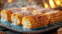 Grilled corn on blue ceramic plate with steam rising, golden kernels glistening with butter and seasonings, captured in warm ambient lighting for food photography.
