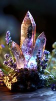 Glowing crystal cluster with purple and blue hues emerging from dark stone base, surrounded by delicate lavender flowers on wooden surface. Magical mineral formation.