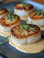 Pan-seared sea scallops with creamy sauce and fresh microgreens garnish served on dark plate, close up view showing caramelized golden-brown crust and delicate texture.