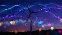 Wind turbine silhouette against cosmic night sky with flowing energy waves and bokeh lights representing renewable power and sustainable technology.